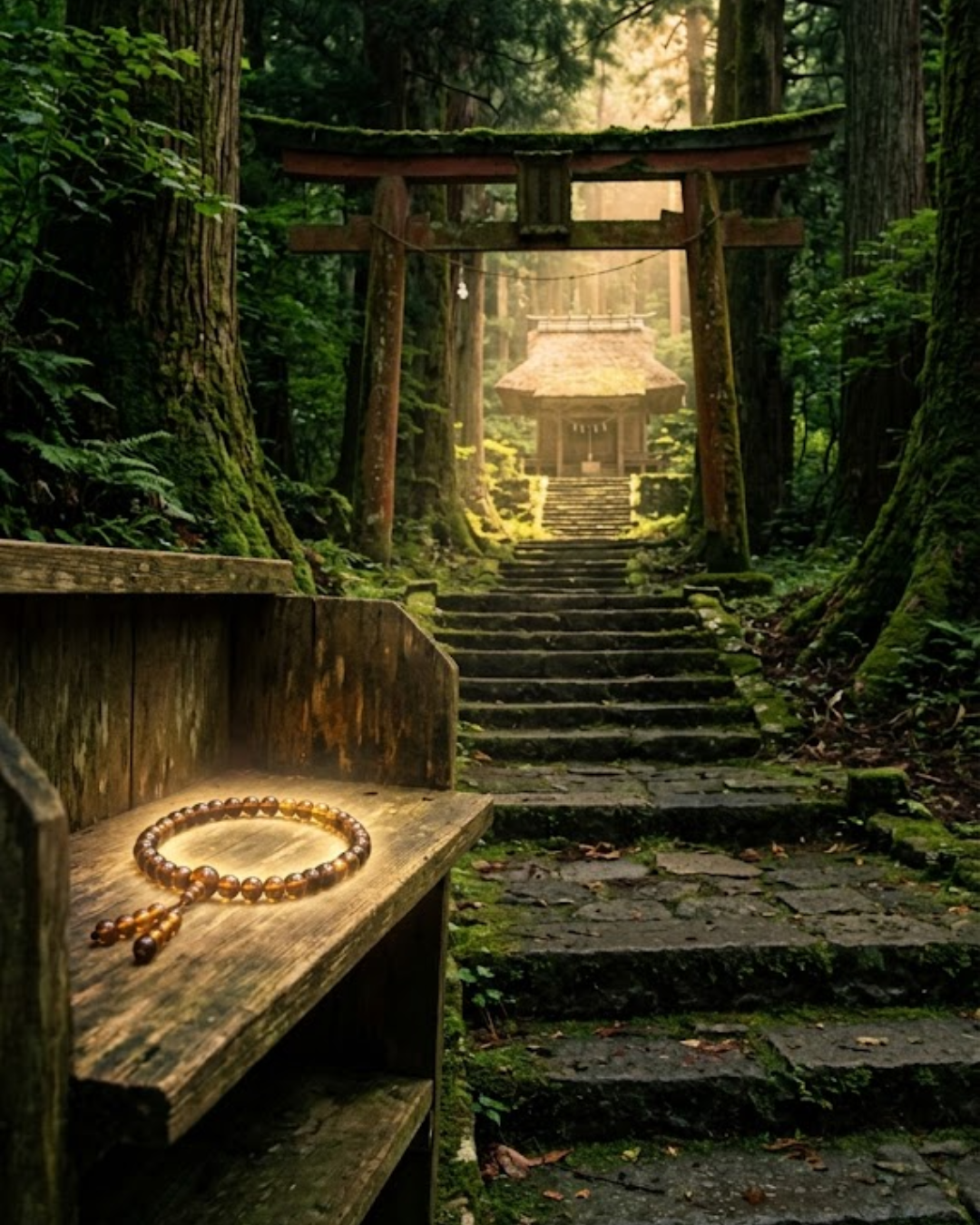 森の中の小さな神社と光る数珠